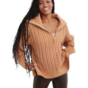 Aerie Cable Chunky Knit 1/2 Zip Collared Sweater NWT Size XXS Oversize Fisherman